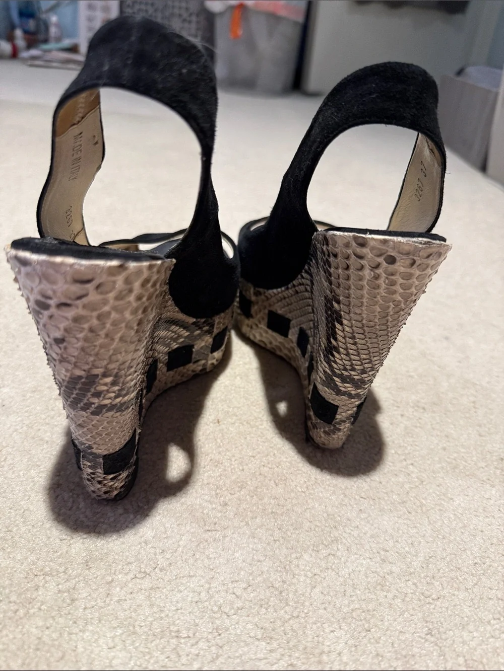Baldan Black Suede Peep-Toe Wedge Sandals